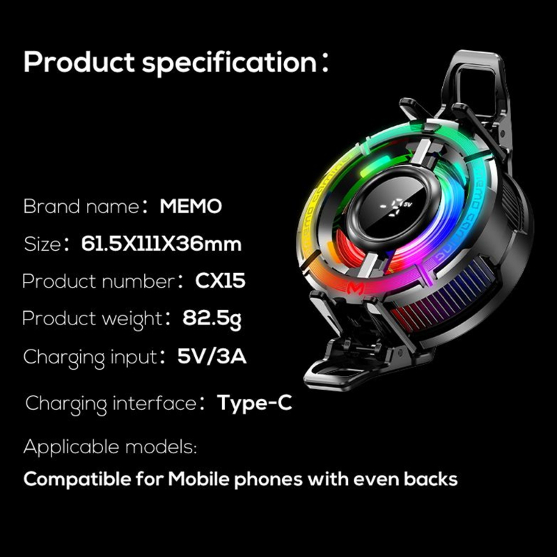 MEMO CX15 (5V) Mobile Cooler Phone Radiator RGB Lightening 2 Gear Magnetic Phone Cooler for PUBG and Different Games - Image 4